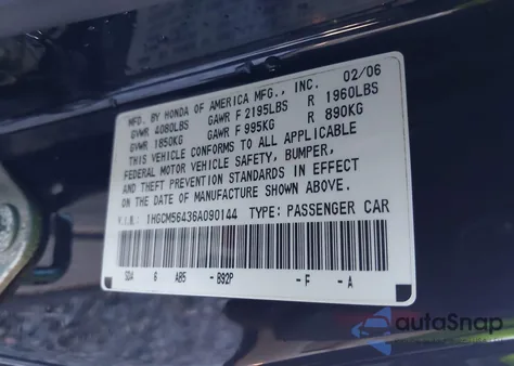 2006 Honda Accord 2.4 Lx z USA, uszkodzony, nr VIN 1HGCM56436A090144